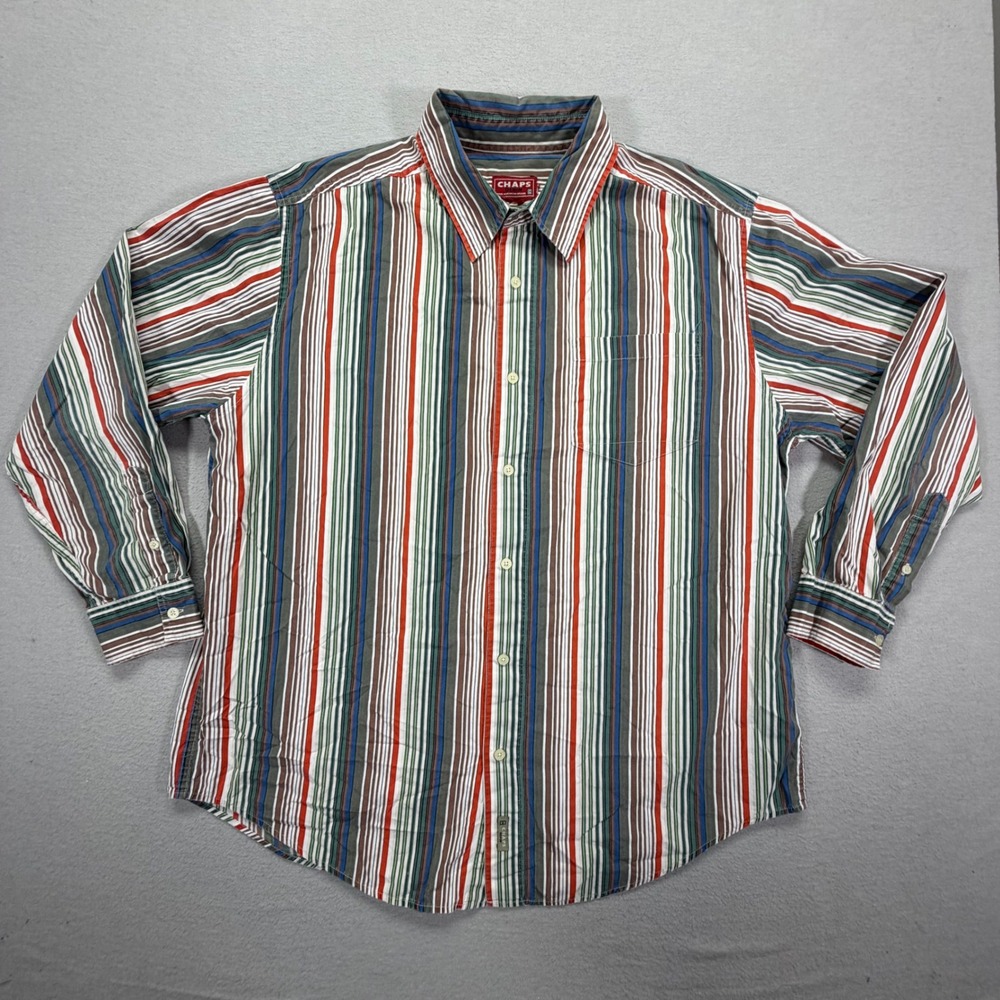 Chaps Mens Button Down Regular Fit Multi Color Striped Long Sleeve Large